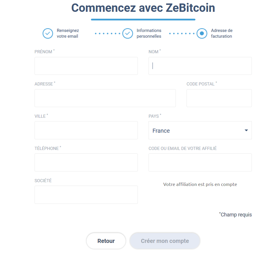 Formulaire adresse de facturation ZeBitcoin