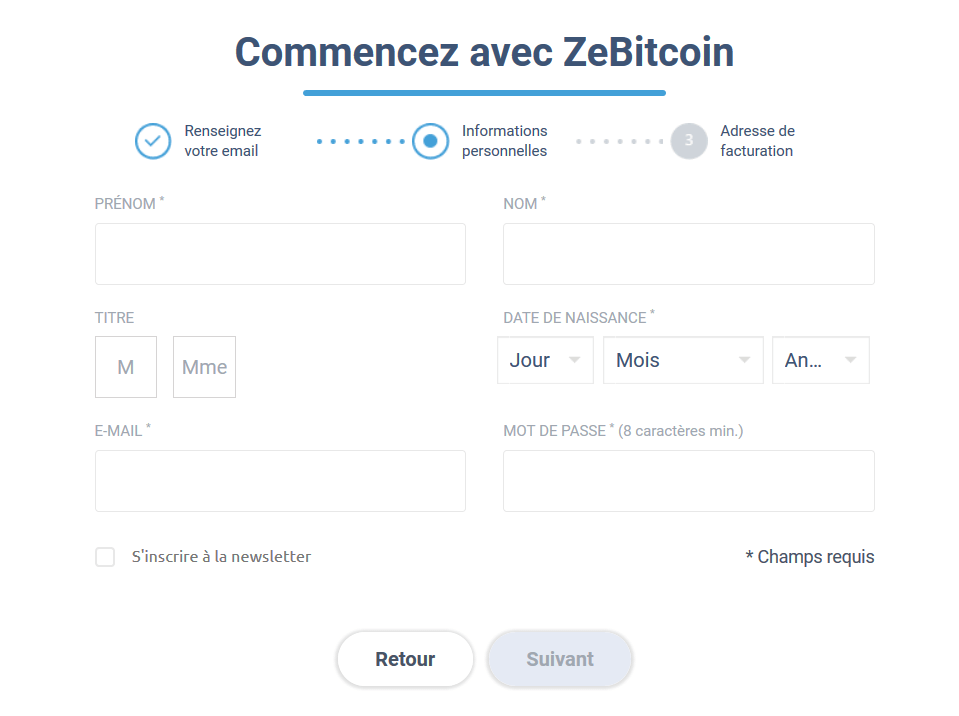 Formulaire informations personnelles ZeBitcoin