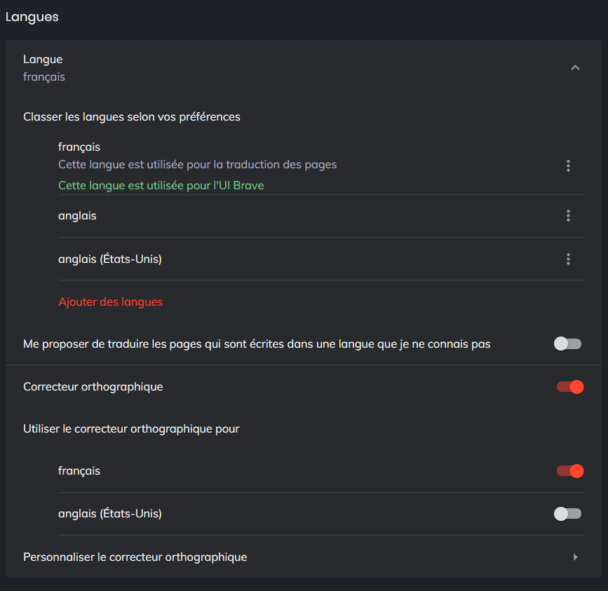 brave langue settings